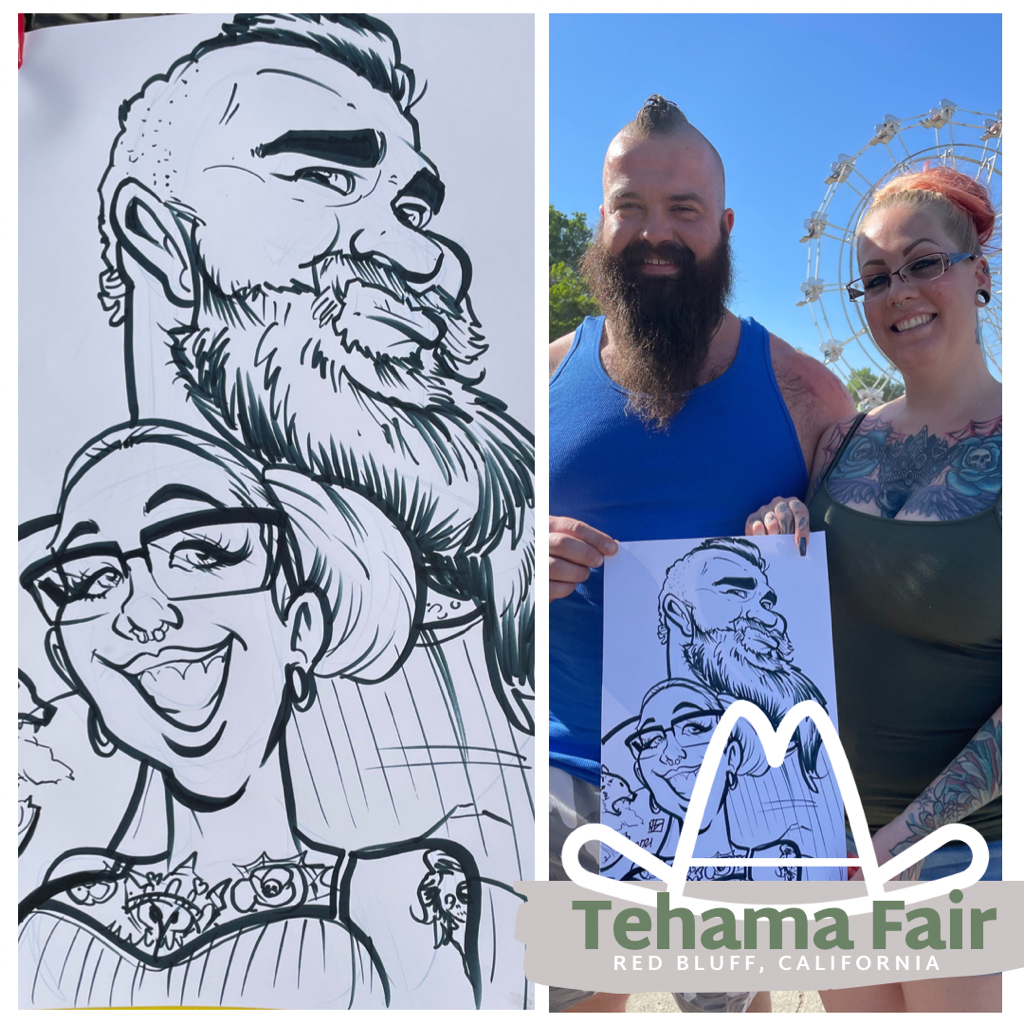The Caricature Entertainment and their team of caricature artists draw a Northern California crowd at the Tehama District Fair in Red Bluff, California, April 29-May 2 2021.